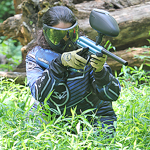 paintball player in blue Valken Fate GFX paintball gear using  valken razorback paintball gun